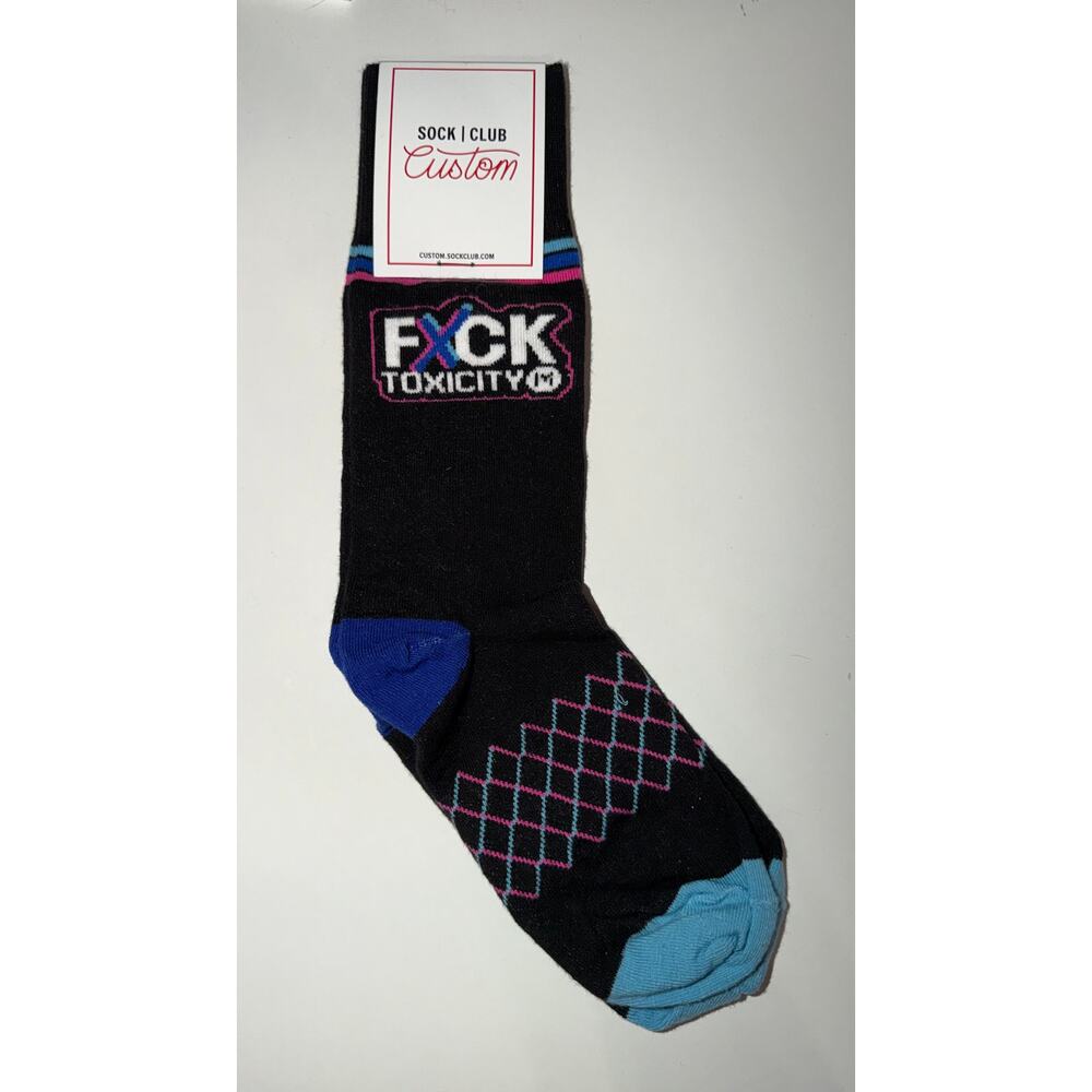 NWT Sock Club F*ck Toxicity Crew Socks Black Pink Blue Striped Cotton Blend